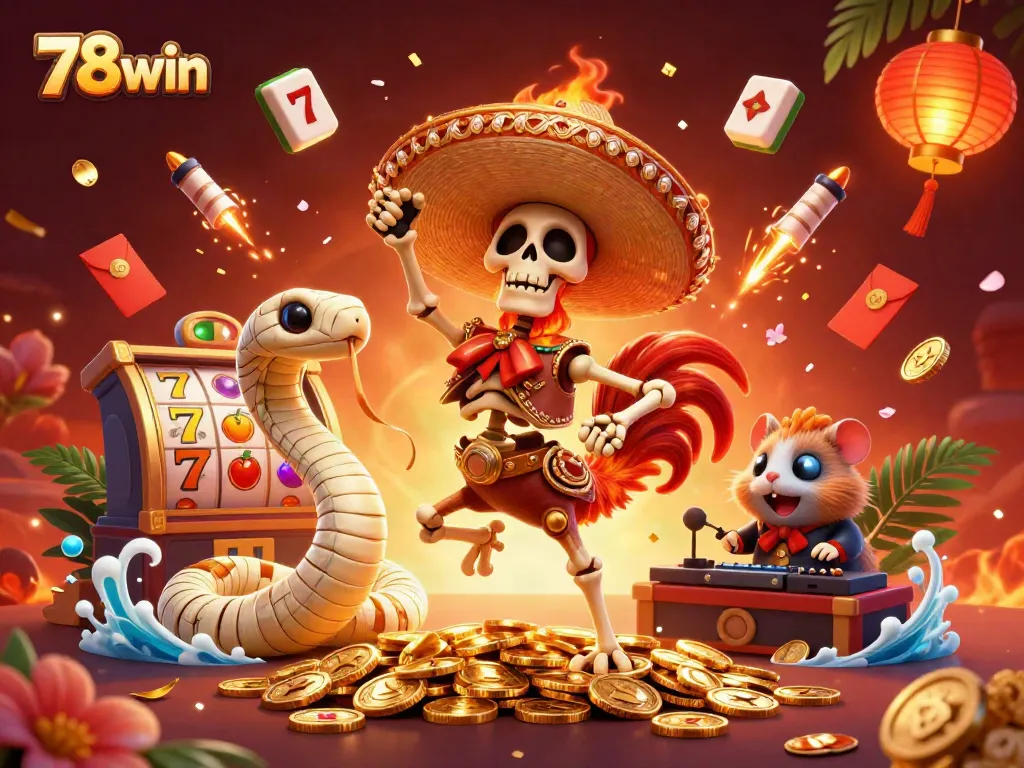 Experience the excitement of 78win with a vibrant digital casino scene featuring unique characters.
