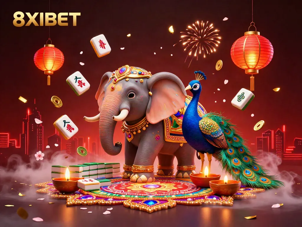 Experience the thrill of 8XBET with vibrant festival-themed elements and dynamic casino visuals.