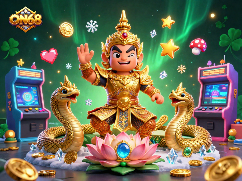 Experience exciting gameplay at ON68 with the 3D Thai temple guardian and gaming elements.
