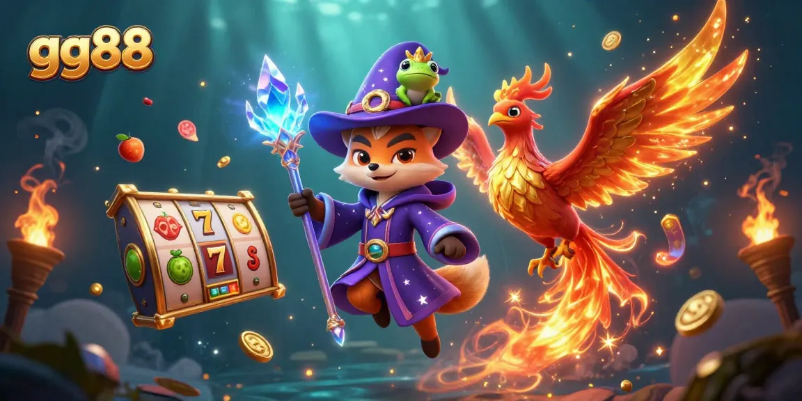 Spin the reels with gg88's enchanting wizard fox and phoenix amidst vibrant casino elements.
