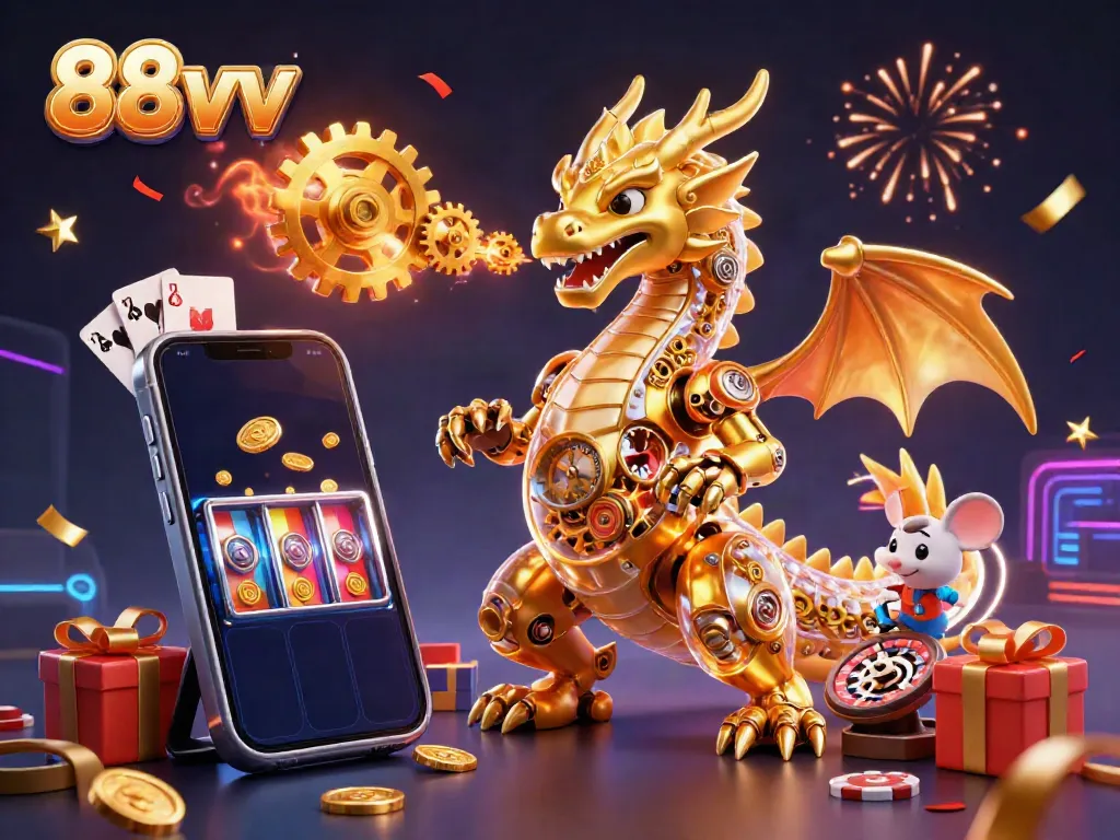 Engage with 88vv’s thrilling gaming experience featuring a golden dragon and dynamic casino elements in a vibrant scene.