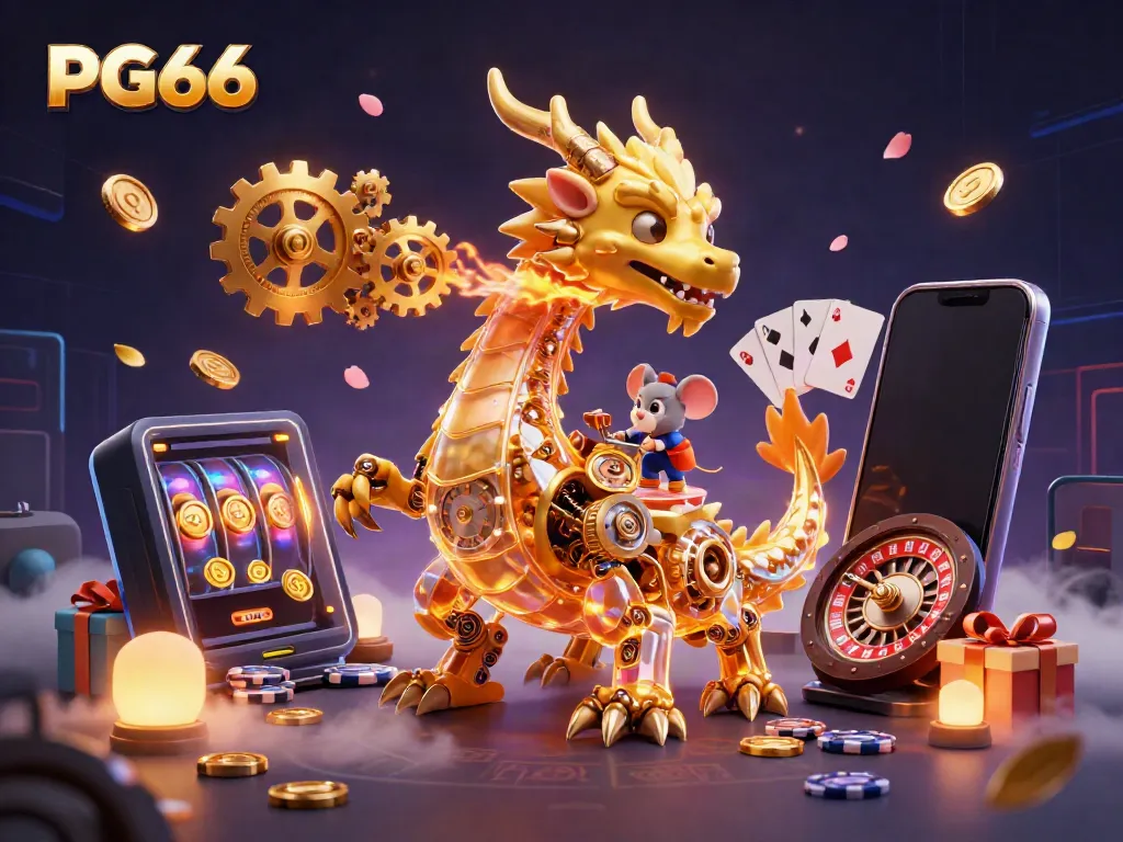 Experience PG66 with a golden dragon and mouse engineer amidst dynamic casino elements.