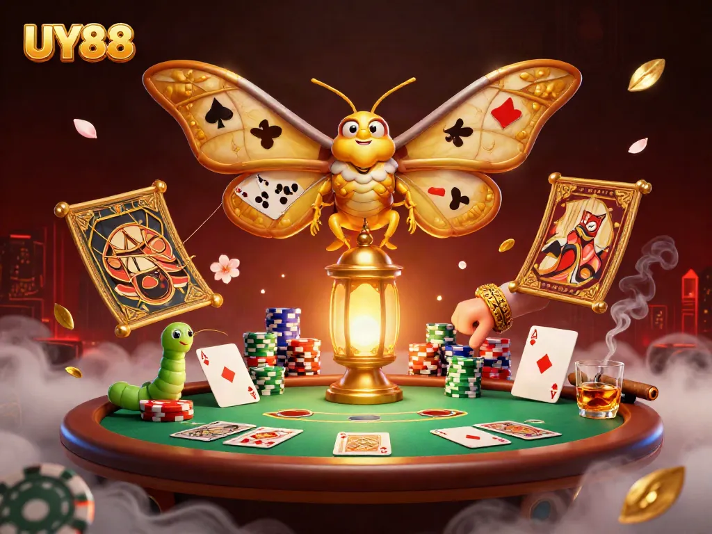 Experience UY88's vibrant casino atmosphere with an artistic illustration of a moth and game elements.