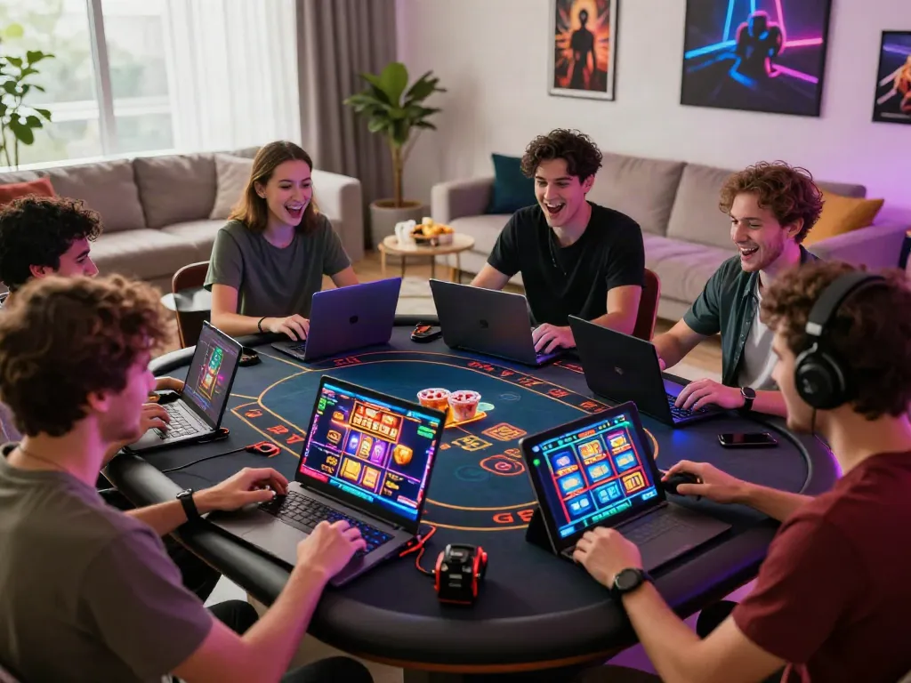Friends enjoying the best non GamStop casinos UK in an engaging game night atmosphere.
