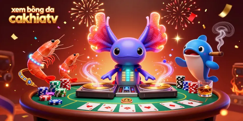Engage in xem bóng đá cakhiatv featuring vibrant axolotl DJ with poker elements.