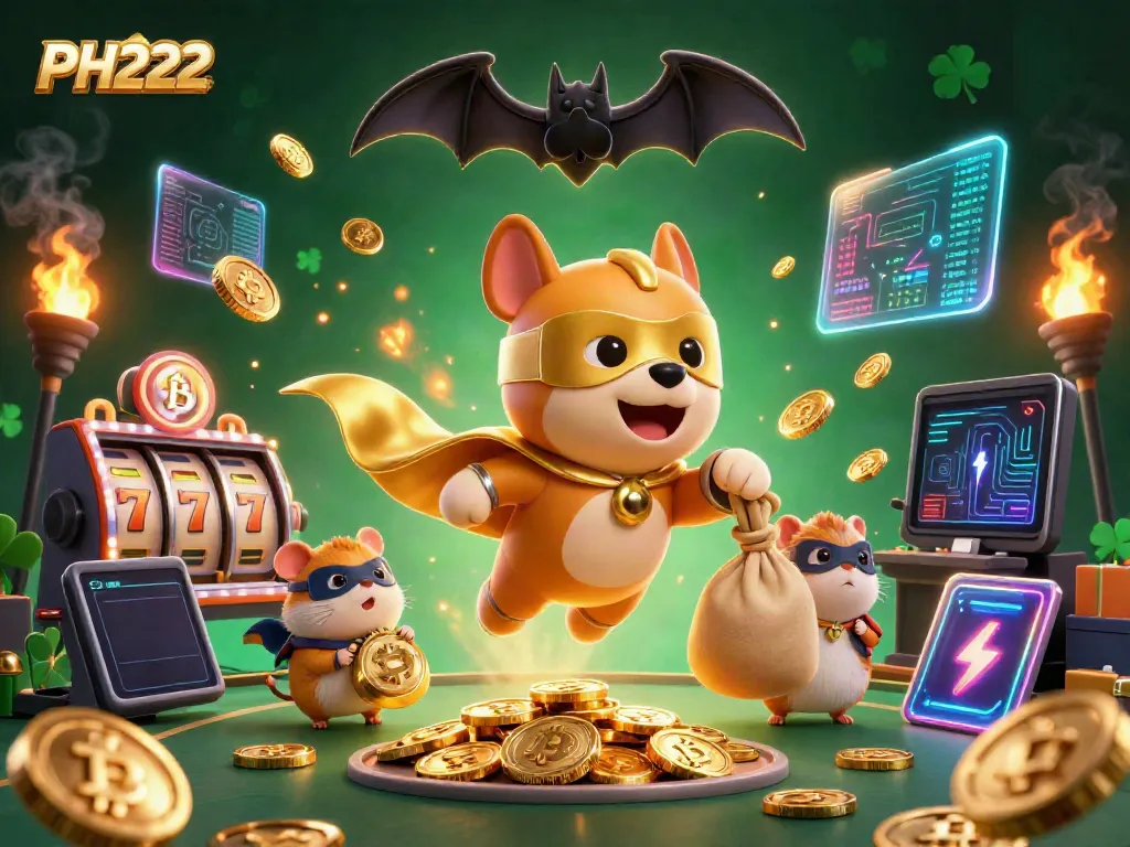 Play exciting games with PH222's golden coins flying and casino elements surrounding a superhero dog.