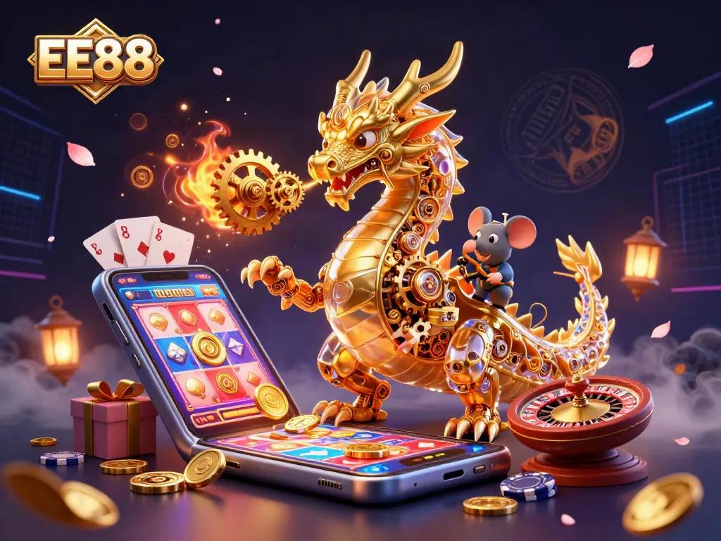 Experience thrilling slots gameplay at EE88 with a golden dragon and vivid casino elements.