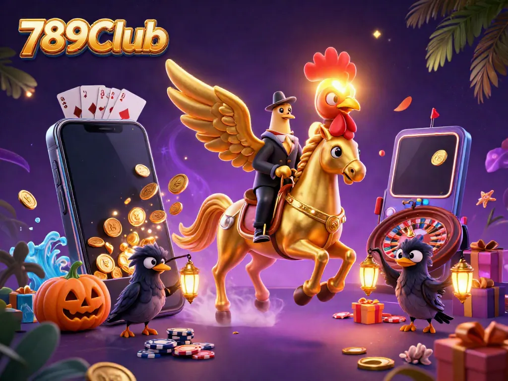 Experience the thrill of 789Club with a golden rooster in a stylish casino scene filled with games and excitement.