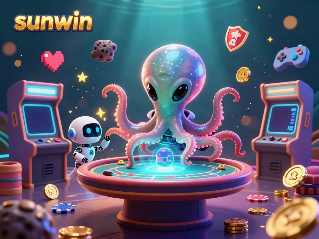 Sunwin-themed scene showcasing a colorful alien octopus playing poker with cosmic chips in a vibrant casino atmosphere.