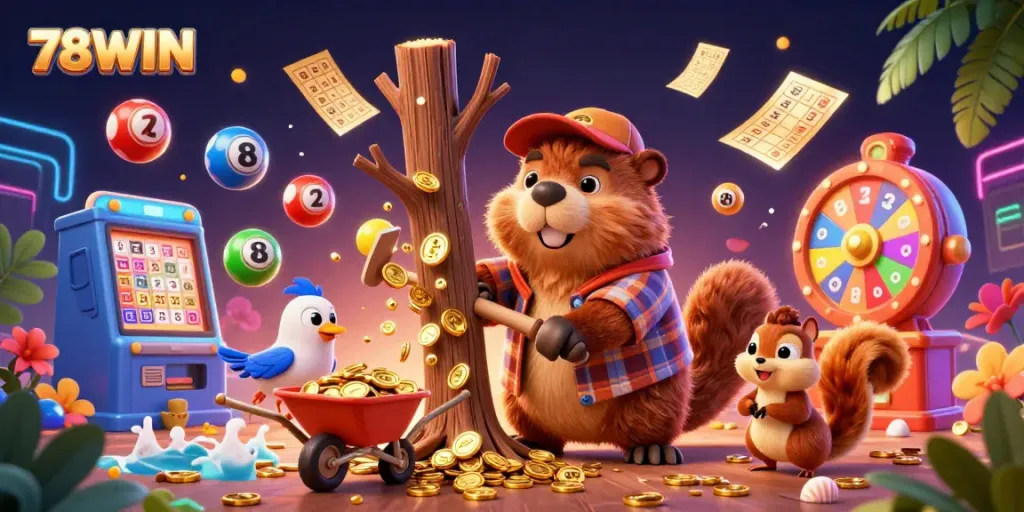 Experience thrilling 78WIN gameplay as a beaver and friends collect gold coins raining from a jackpot tree.