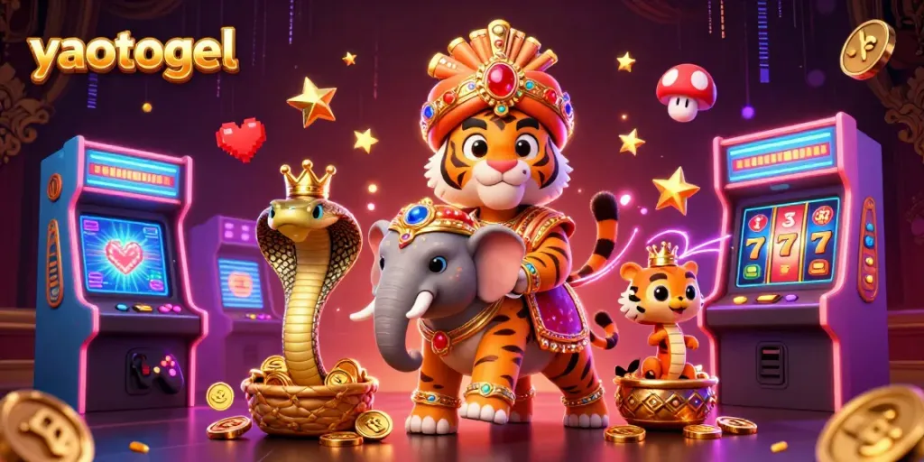 Play exciting lottery games on yaotogel with vibrant illustrations of slots and jackpots.
