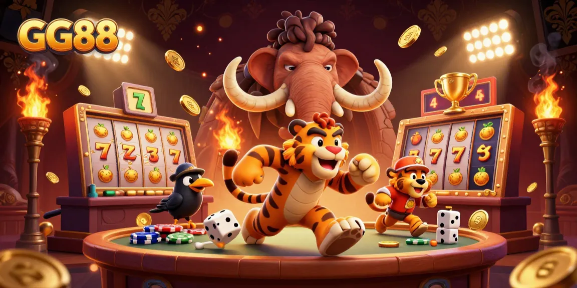 Play exciting slots at GG88 with cartoon characters and vibrant casino elements in a dynamic scene.