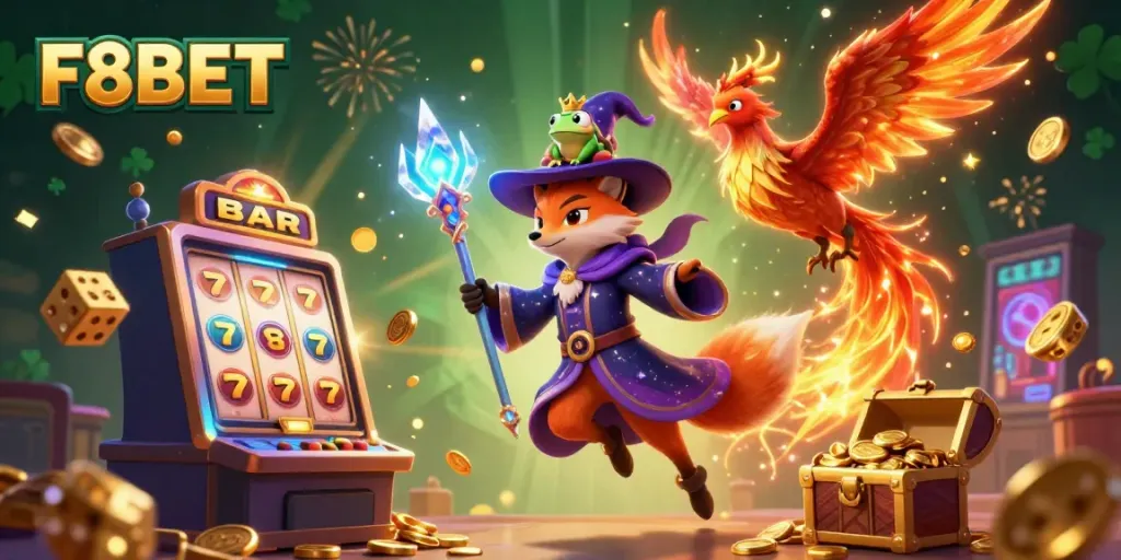 Spin winning slots with F8BET's iconic characters; a wizard fox, phoenix, and enchanted frog in a dazzling casino scene.