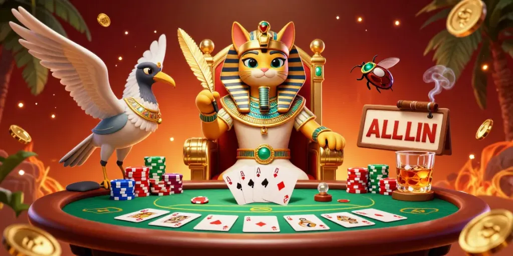 Experience top-tier Budajenő betonozás with vibrant casino elements featuring an Egyptian pharaoh cat and poker setup.