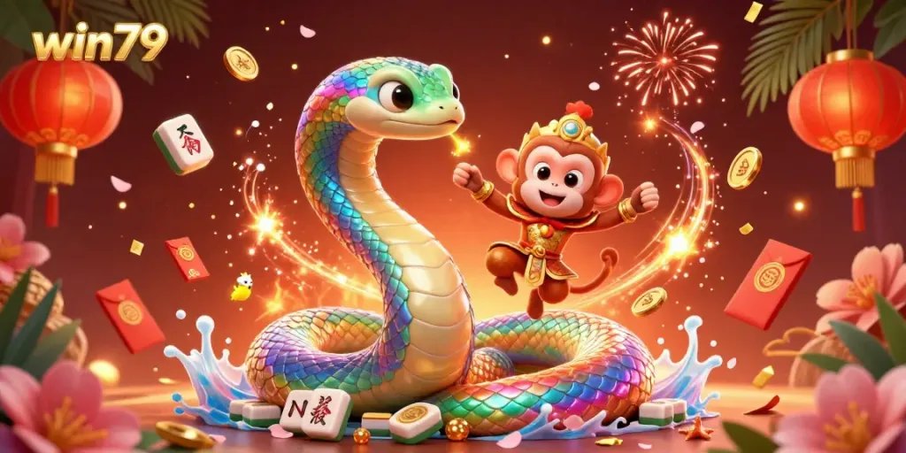 Vibrant win79 casino scene showcasing a rainbow serpent and monkey king with casino elements.