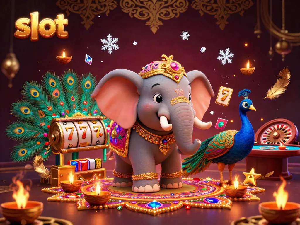 Experience thrilling slots with a vibrant Diwali-themed elephant and peacock in a rich casino setting.