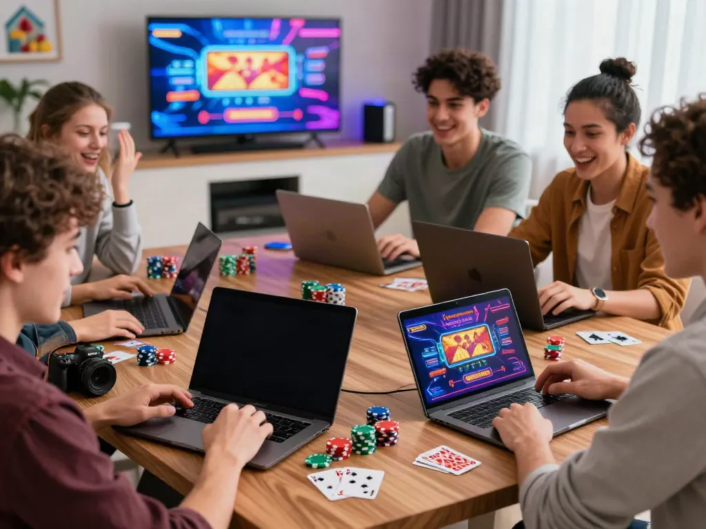 Discover the best non gamstop casinos UK with friends gaming in a vibrant home setting.