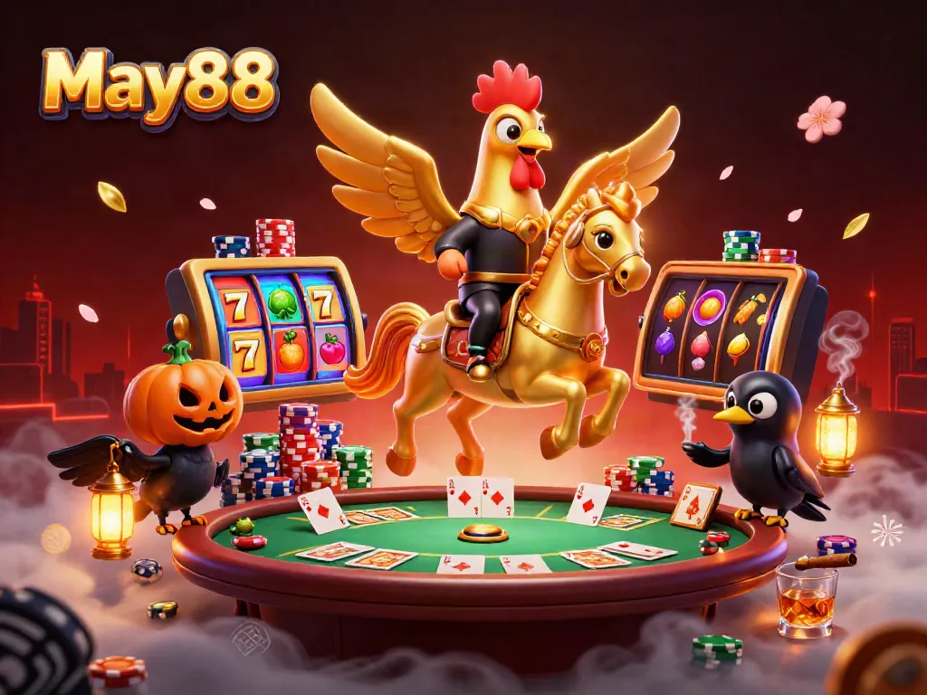 Experience the thrilling May88 casino with a golden rooster and 3D characters in a vibrant slot atmosphere.