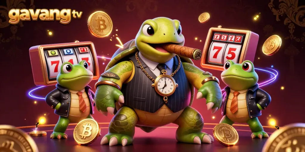 Engaging illustration of gavang tv themed gambling scene featuring a turtle and bullfrogs around slot machines.