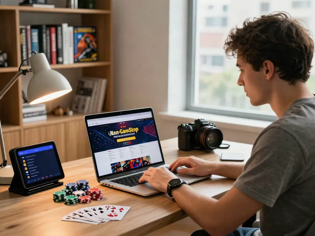 Best non GamStop casinos UK enthusiast playing at home with poker chips and laptop.