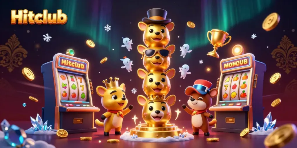 Engage with Hitclub's thrilling slot machines featuring gold coins and animated characters.
