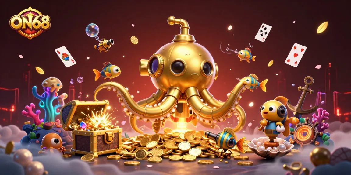 Experience thrilling action at ON68 casino with the golden kraken submarine surrounded by treasures.