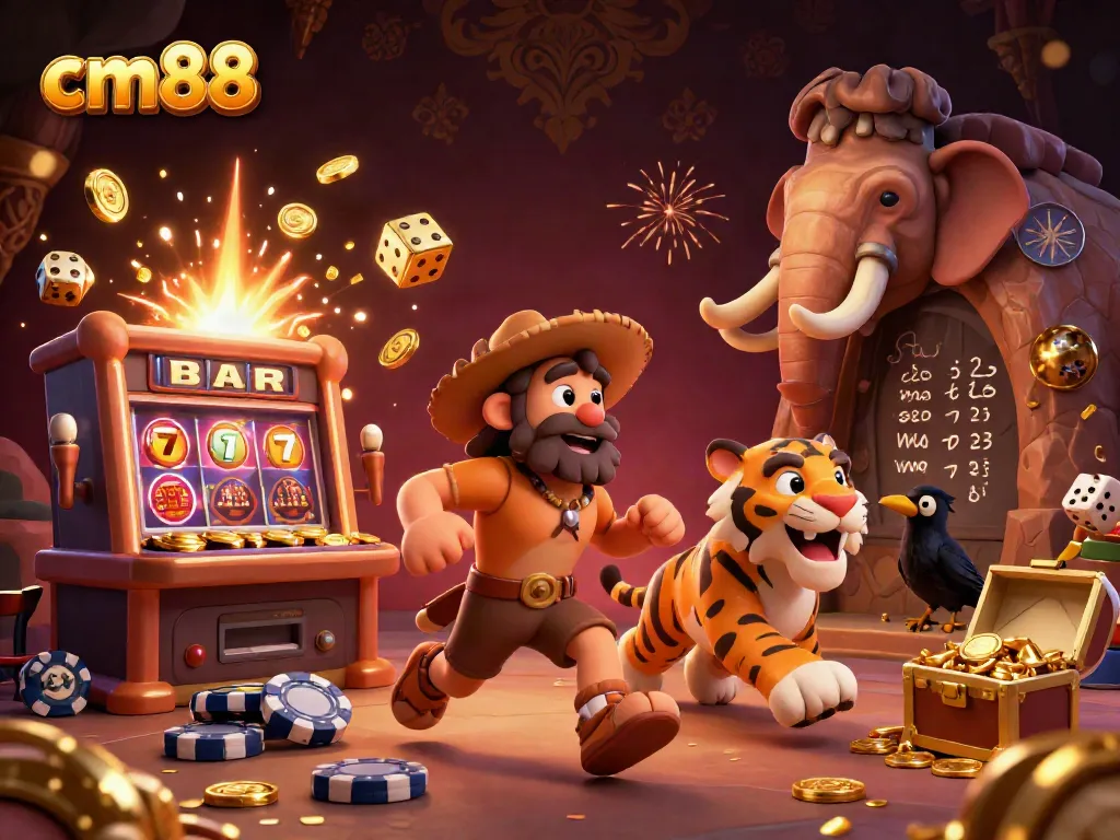 Experience the excitement of cm88 in a thrilling prehistoric casino scene with cartoon characters and jackpots.