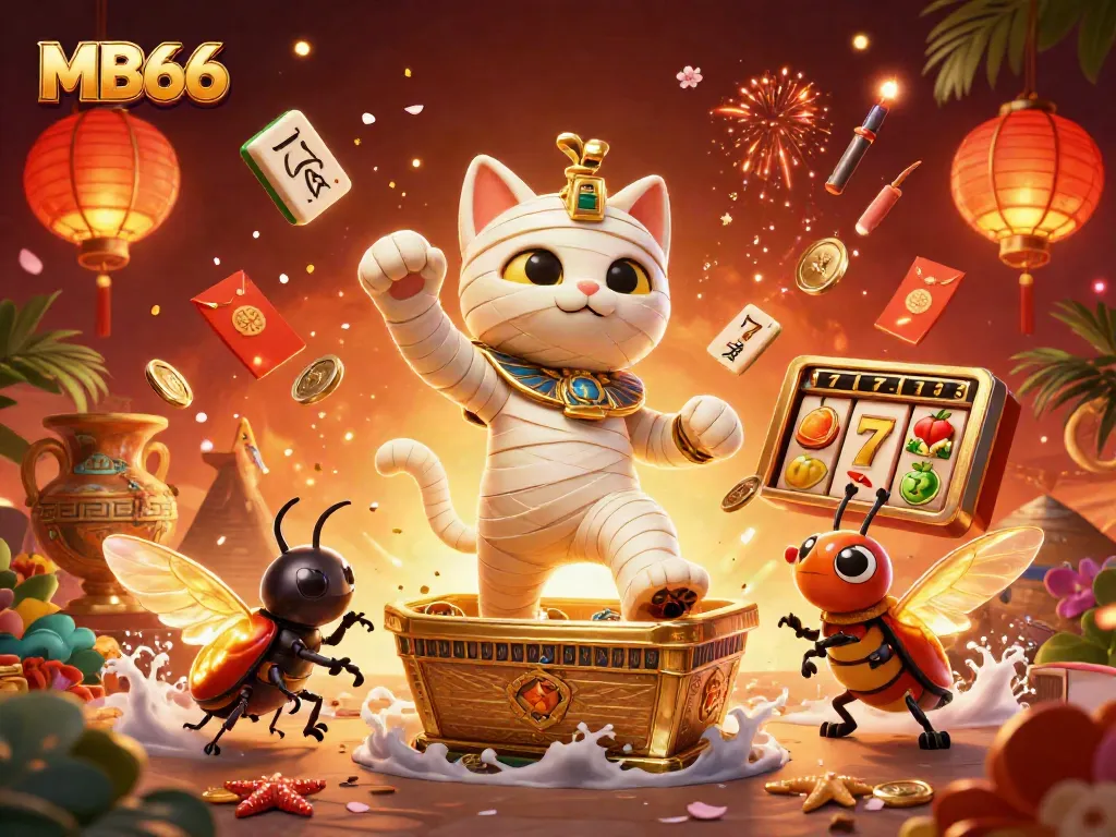 Experience the thrill of MB66 as the Egyptian mummy cat and scarab beetle explore a dynamic casino.