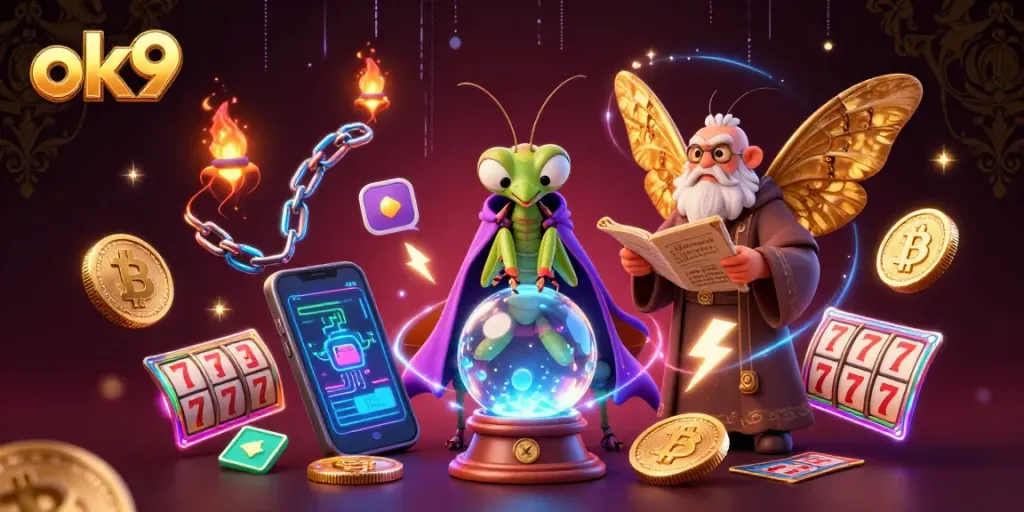 Spin the reels with ok9's mystical characters, featuring a fortune teller and librarian amidst vibrant casino elements.