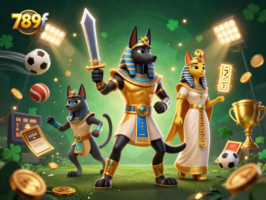 Experience the thrill of 789f with a dynamic 3D scene of Anubis and Bastet amidst soaring sports elements.