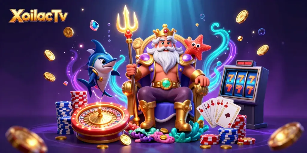 XoilacTv showcases online gambling excitement with vibrant characters and glowing casino elements.
