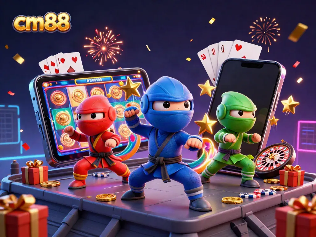 Experience the excitement of cm88 as chameleon ninjas interact with vibrant gaming elements in an action-packed scene.