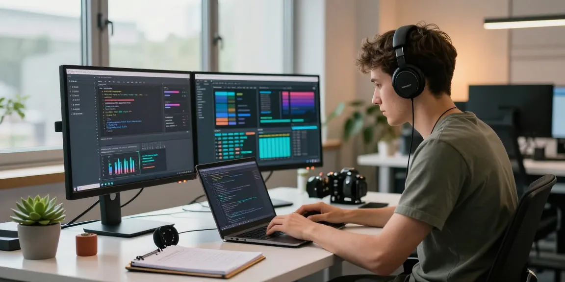 Focused workspace with developer coding for WhatsApp下載, showcasing modern tech ambiance and productivity.