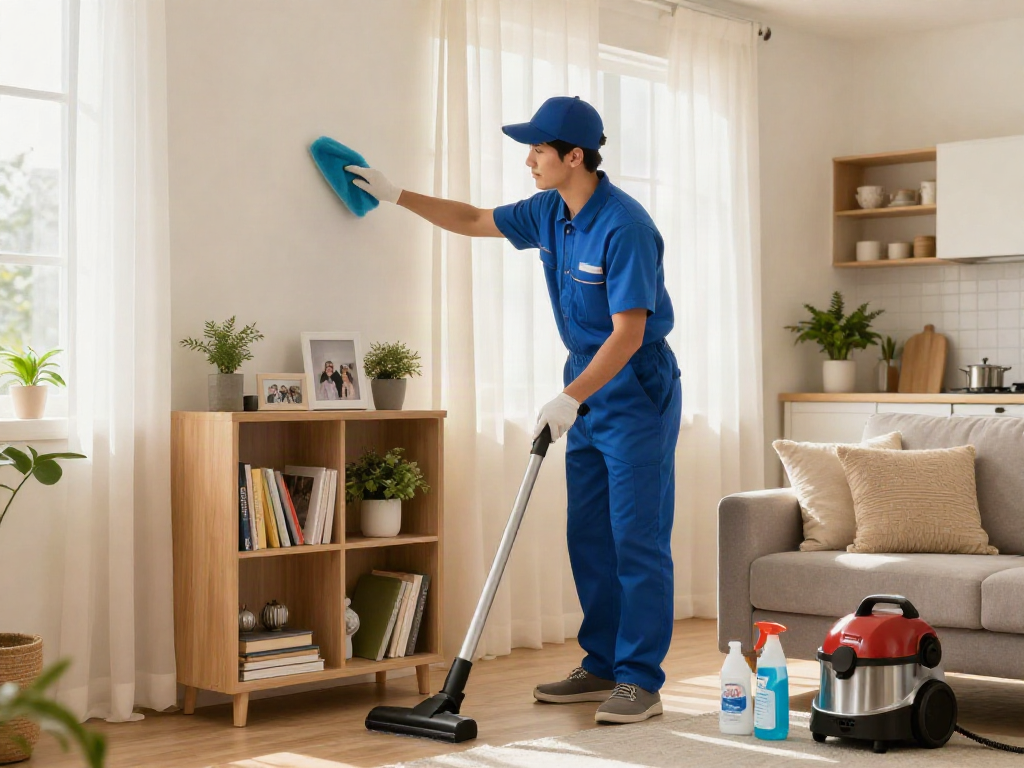 Professional cleaner dusting shelves in a cozy living room, showcasing depo 10k cleaning services.