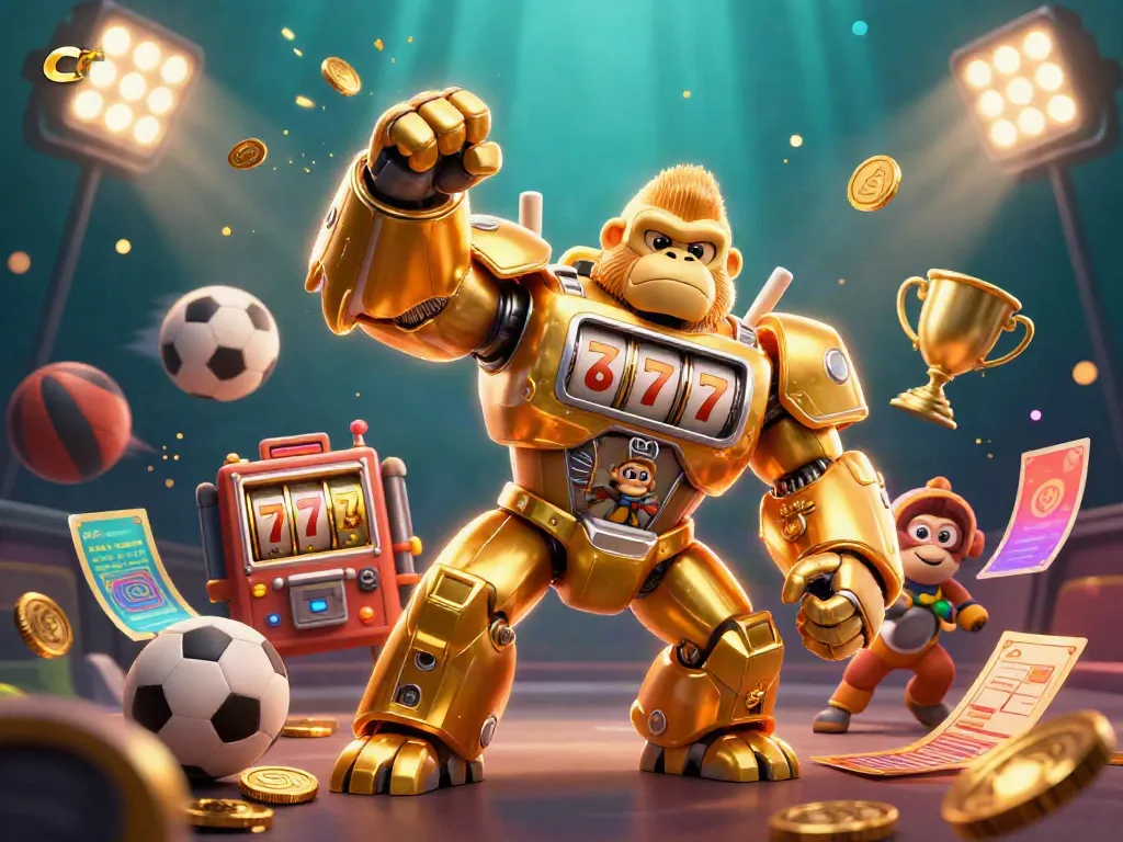 Experience dynamic sports betting action with Cakhia's thrilling illustration of a mech gorilla amidst sports balls and gold.