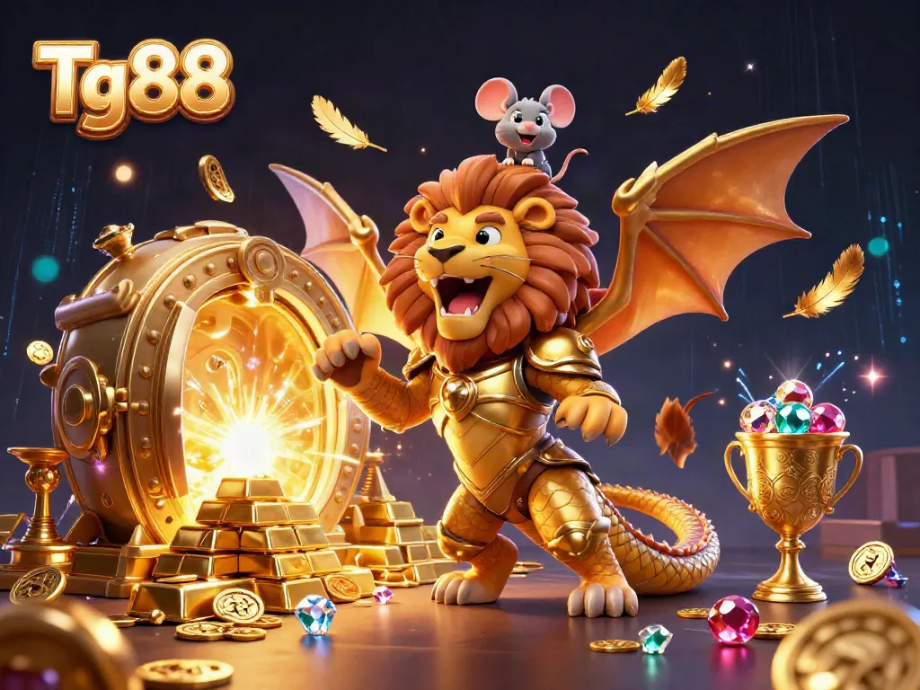 Tg88 offers an engaging online casino experience with a dynamic chimera-themed scene full of treasure and excitement.