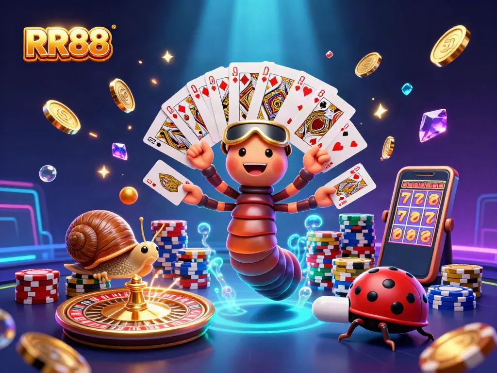 RR88 casino scene showcasing thrilling gameplay with vibrant dealer characters and glowing casino elements.