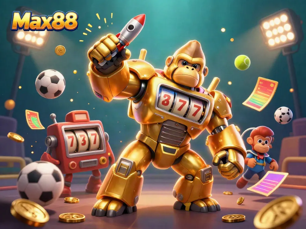 Max88 engages players with a dynamic 3D illustration of a golden gorilla mech amid flying sports elements