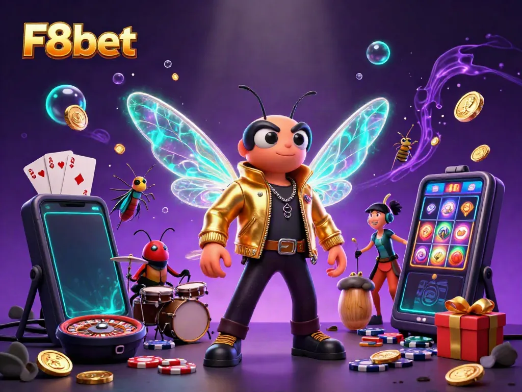 Join the fun at F8bet with a vibrant energy of a rock star, coins, and slot games!