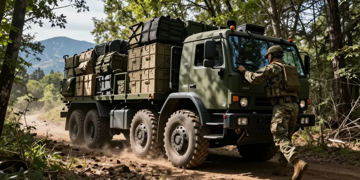88M Motor Transport Operator driving military truck in rugged terrain, showcasing logistics and supply transport.