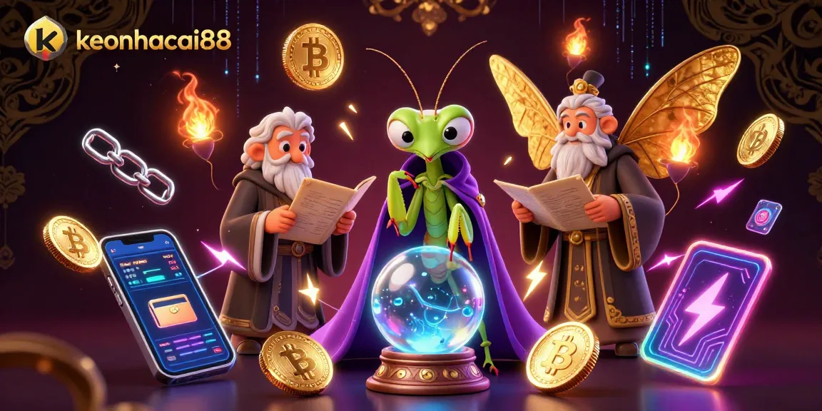 Engage with keonhacai88 through a vibrant gaming scene featuring mystical characters and cryptocurrency elements.