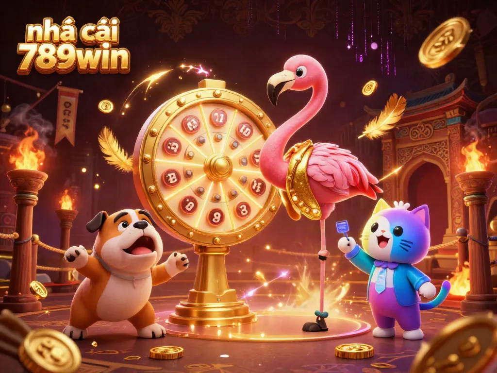 Engaging scene showcasing nhà cái 789win with a game show host, excited bulldog contestant, and prizes revealed, enhancing casino excitement.