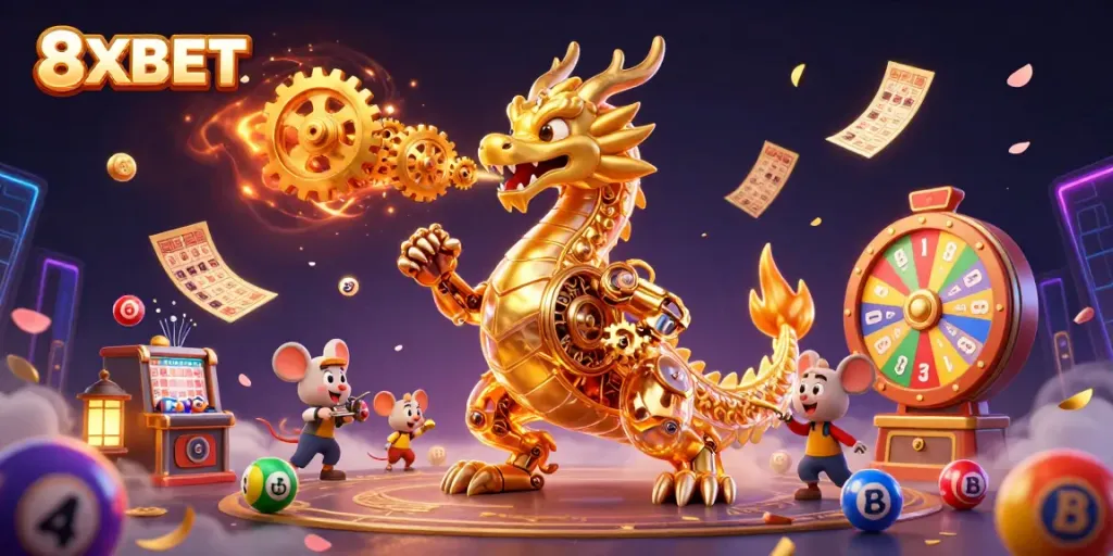 Experience the thrill of 8XBET with a captivating dragon and casino elements, showcasing vibrant lottery and prize features.