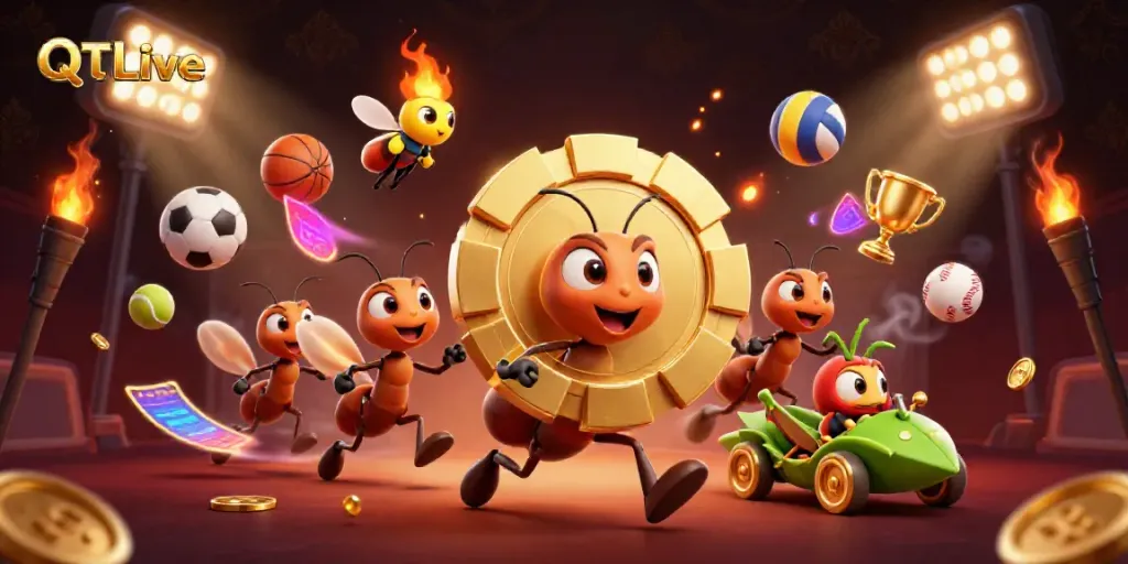 Experience the excitement of QQLive as ants hustle for a giant poker chip amid vibrant gaming visuals.