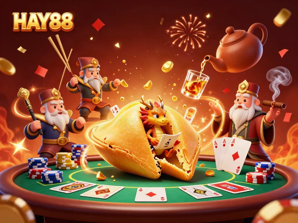 Experience the excitement at HAY88 with a dynamic 3D scene featuring poker elements and whimsical characters.