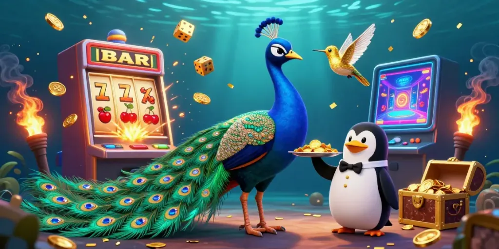 Cổng game Sun win features an aristocratic peacock and butler penguin in a vibrant casino scene with spectacular jackpots.