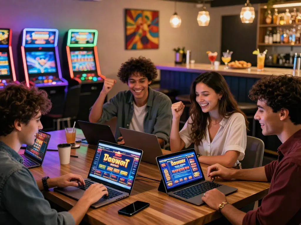 Exciting scene of friends enjoying the best non gamstop casinos UK from stylish lounge, celebrating wins and sharing gaming moments.