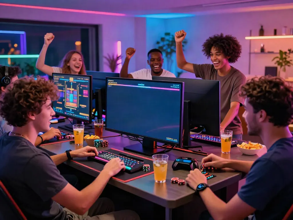 Best non gamstop casinos UK scene with friends enjoying vibrant online slots at a home gaming setup.