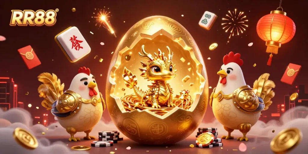 Win big with RR88 at the dynamic 3D casino featuring golden dragon luck, poker chips, and festive elements.