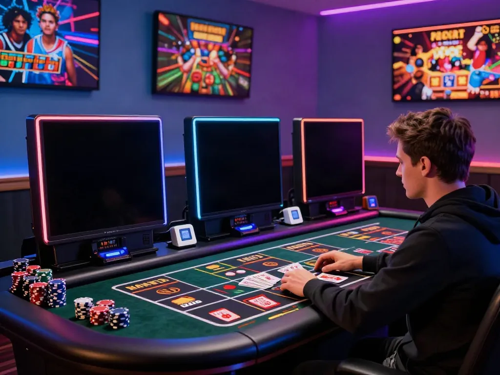 Person enjoying online gaming at the best non GamStop casinos UK, surrounded by vibrant casino elements.